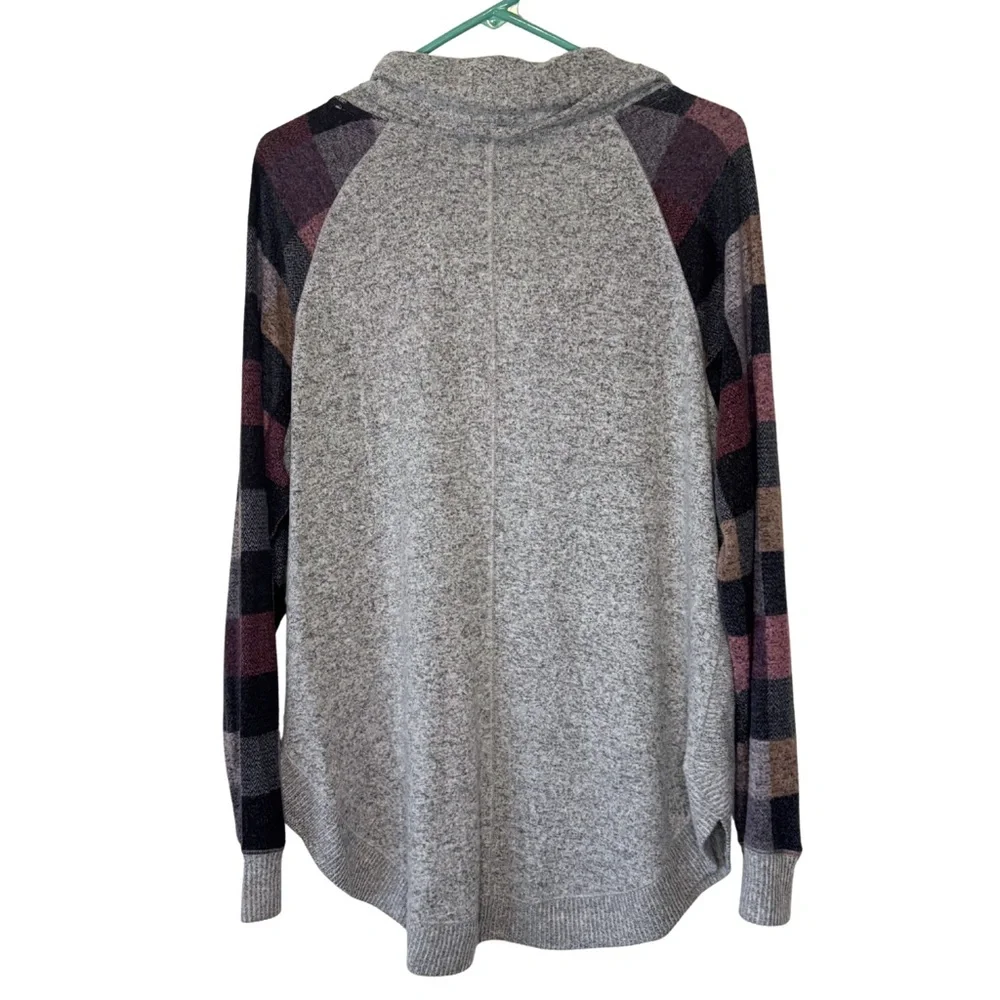 3/$20 Maurices Heather Gray Cowl Neck Knit Top with Checkered Sleeves - Picture 2 of 5